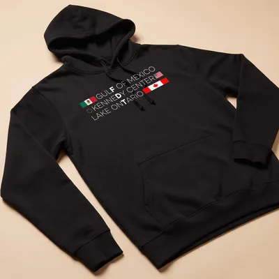 Minimalist design with international flags and text on a — printed on a unisex hoodie