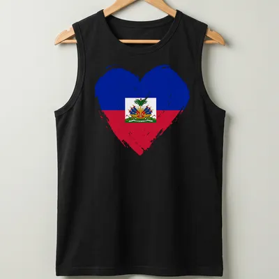 Distressed print of the Haiti flag in a heart shape with blue, red, green, and yellow colors. — printed on a tank top