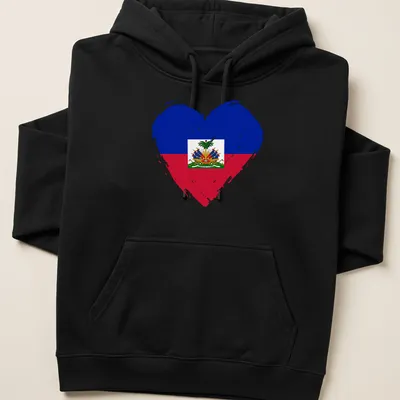 Distressed print of the Haiti flag in a heart shape with blue, red, green, and yellow colors. — printed on a unisex hoodie