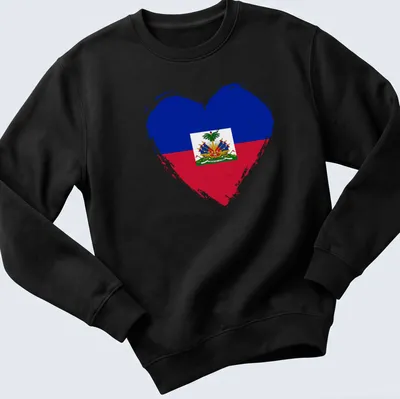 Distressed print of the Haiti flag in a heart shape with blue, red, green, and yellow colors. — printed on a unisex sweatshirt