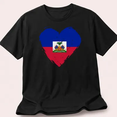 Distressed print of the Haiti flag in a heart shape with blue, red, green, and yellow colors.