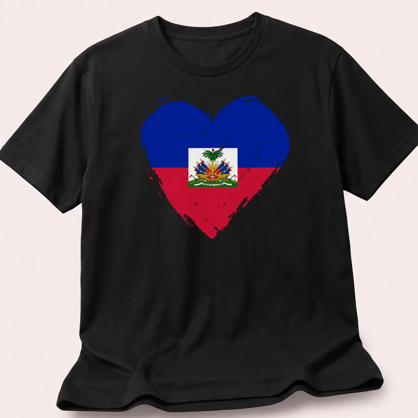 Distressed print of the Haiti flag in a heart shape with blue, red, green, and yellow colors. — printed on a unisex t-shirt