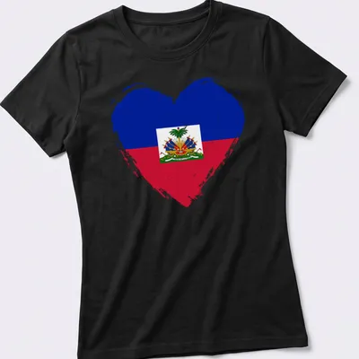 Distressed print of the Haiti flag in a heart shape with blue, red, green, and yellow colors. — printed on a women's shirt