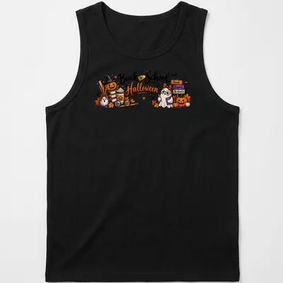 Kawaii Halloween-themed shirt with ghost, pumpkin, and school supplies. — printed on a tank top