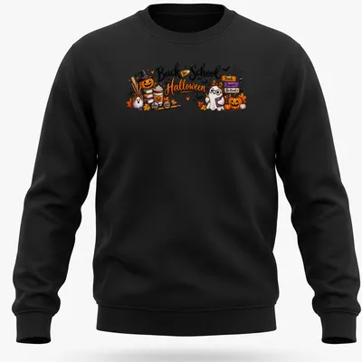 Kawaii Halloween-themed shirt with ghost, pumpkin, and school supplies. — printed on a unisex sweatshirt