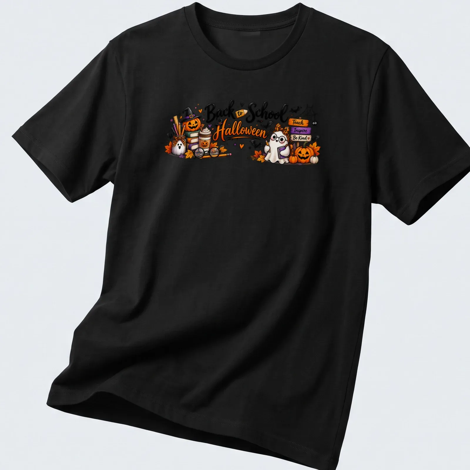Kawaii Halloween-themed shirt with ghost, pumpkin, and school supplies. — printed on a unisex t-shirt