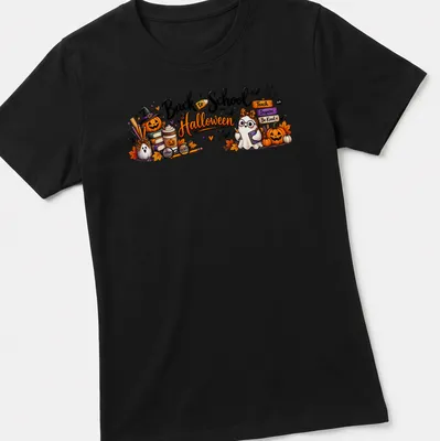 Kawaii Halloween-themed shirt with ghost, pumpkin, and school supplies. — printed on a women's shirt