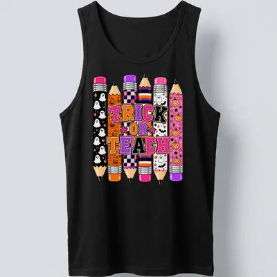 Halloween-themed t-shirt with colorful pencils and Trick or Teach text. — printed on a tank top