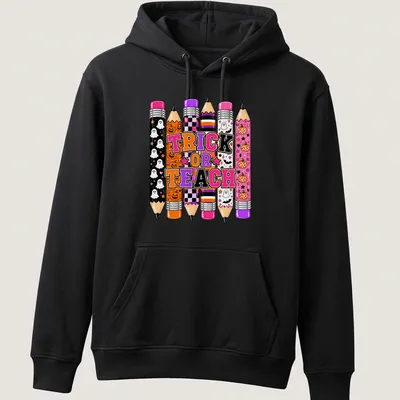 Halloween-themed t-shirt with colorful pencils and Trick or Teach text. — printed on a unisex hoodie