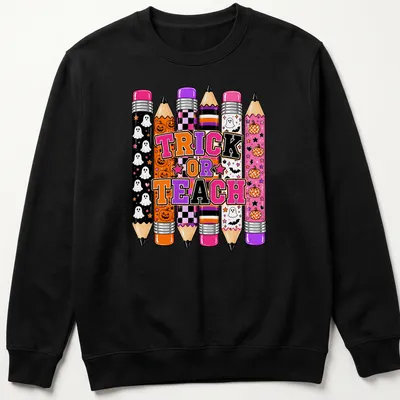 Halloween-themed t-shirt with colorful pencils and Trick or Teach text. — printed on a unisex sweatshirt