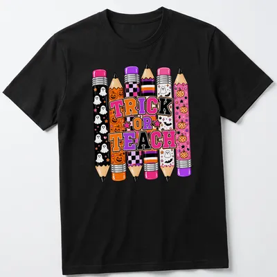 Halloween-themed t-shirt with colorful pencils and Trick or Teach text.