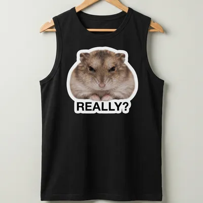 Cartoon hamster meme t-shirt with the word REALLY? in brown and white. — printed on a tank top