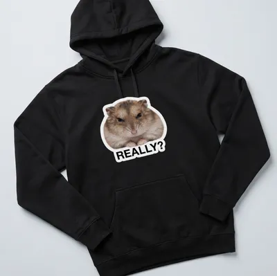 Cartoon hamster meme t-shirt with the word REALLY? in brown and white. — printed on a unisex hoodie