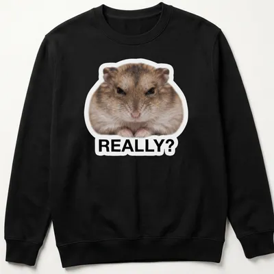 Cartoon hamster meme t-shirt with the word REALLY? in brown and white. — printed on a unisex sweatshirt