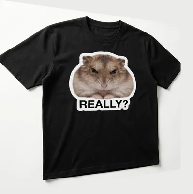 Cartoon hamster meme t-shirt with the word REALLY? in brown and white. — printed on a unisex t-shirt (angled view)