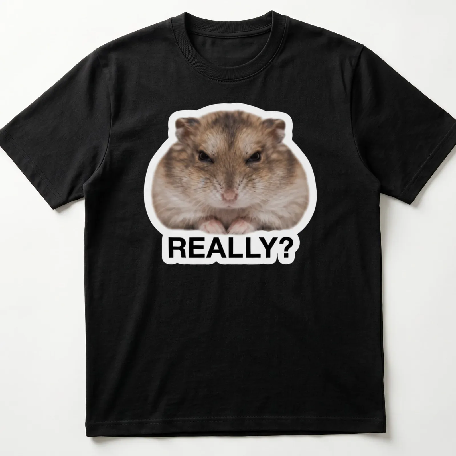 Cartoon hamster meme t-shirt with the word REALLY? in brown and white. — printed on a unisex t-shirt
