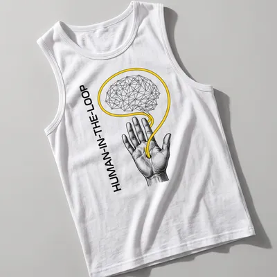 Engraved graphic of a hand and neural brain with 'HUMAN-IN-THE-LOOP' text — printed on a tank top