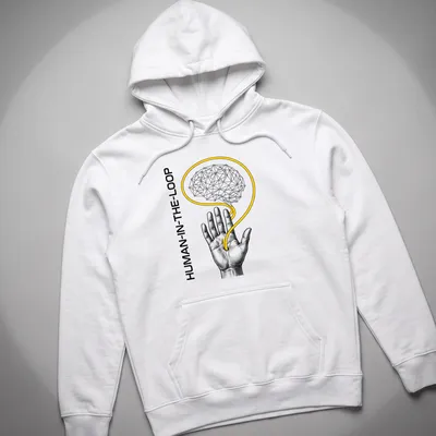 Engraved graphic of a hand and neural brain with 'HUMAN-IN-THE-LOOP' text — printed on a unisex hoodie