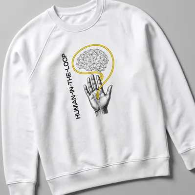 Engraved graphic of a hand and neural brain with 'HUMAN-IN-THE-LOOP' text — printed on a unisex sweatshirt