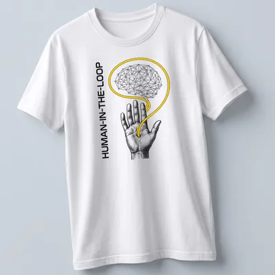 Engraved graphic of a hand and neural brain with 'HUMAN-IN-THE-LOOP' text