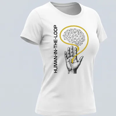 Engraved graphic of a hand and neural brain with 'HUMAN-IN-THE-LOOP' text — printed on a women's shirt