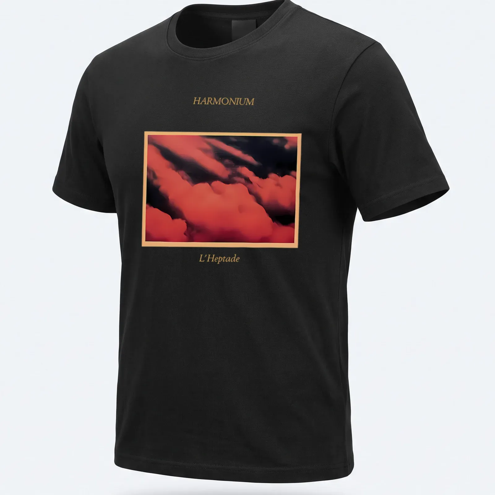 Album cover graphic featuring bold abstract design for Harmonium L'Heptade — printed on a unisex t-shirt