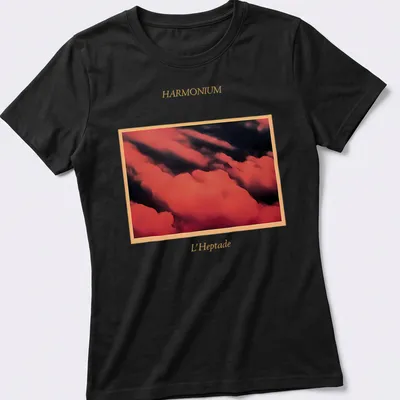 Album cover graphic featuring bold abstract design for Harmonium L'Heptade — printed on a women's shirt