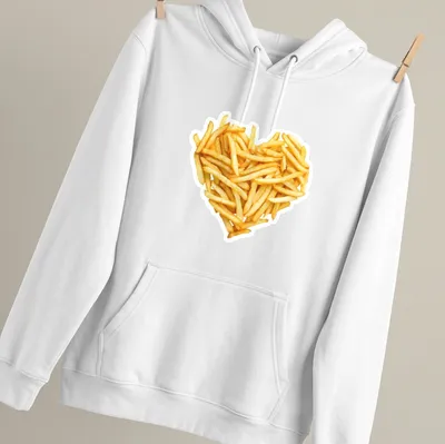Realistic heart-shaped graphic made of French fries with yellow and brown tones — printed on a unisex hoodie