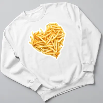 Realistic heart-shaped graphic made of French fries with yellow and brown tones — printed on a unisex sweatshirt