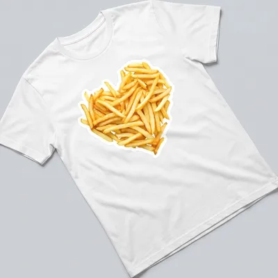 Realistic heart-shaped graphic made of French fries with yellow and brown tones