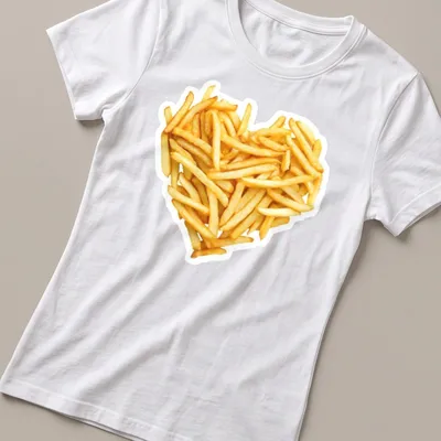 Realistic heart-shaped graphic made of French fries with yellow and brown tones — printed on a women's shirt