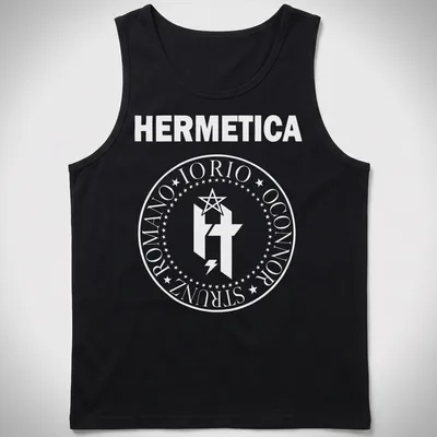 White circular emblem T-shirt featuring HERMETICA IORIO ROMANO OCONNOR text — printed on a tank top