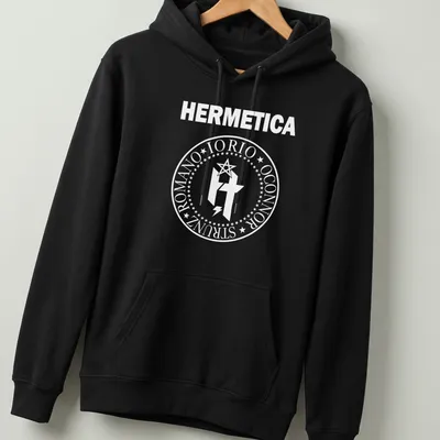 White circular emblem T-shirt featuring HERMETICA IORIO ROMANO OCONNOR text — printed on a unisex hoodie