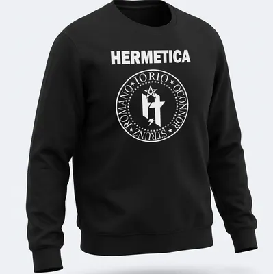 White circular emblem T-shirt featuring HERMETICA IORIO ROMANO OCONNOR text — printed on a unisex sweatshirt