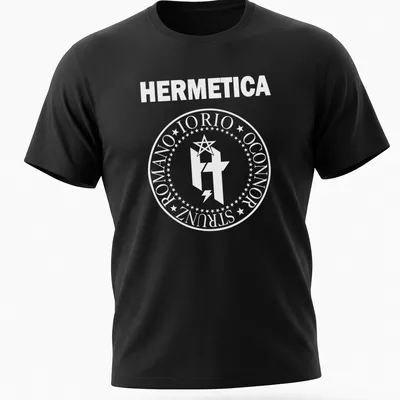 White circular emblem T-shirt featuring HERMETICA IORIO ROMANO OCONNOR text
