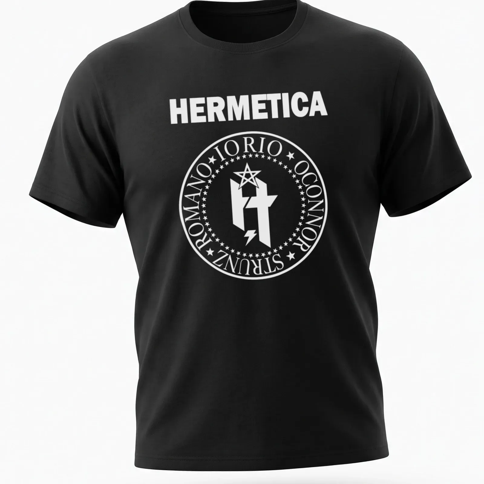 White circular emblem T-shirt featuring HERMETICA IORIO ROMANO OCONNOR text — printed on a unisex t-shirt