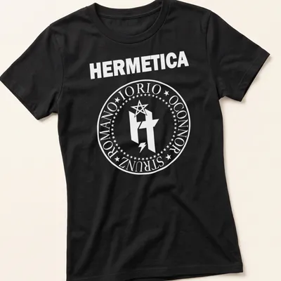 White circular emblem T-shirt featuring HERMETICA IORIO ROMANO OCONNOR text — printed on a women's shirt