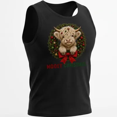 Realistic Highland cow in a holiday wreath with Mooey Christmas text — printed on a tank top