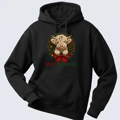Realistic Highland cow in a holiday wreath with Mooey Christmas text — printed on a unisex hoodie