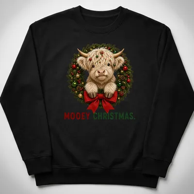 Realistic Highland cow in a holiday wreath with Mooey Christmas text — printed on a unisex sweatshirt