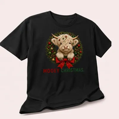 Realistic Highland cow in a holiday wreath with Mooey Christmas text — printed on a unisex t-shirt (angled view)