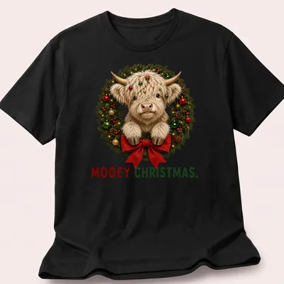 Realistic Highland cow in a holiday wreath with Mooey Christmas text