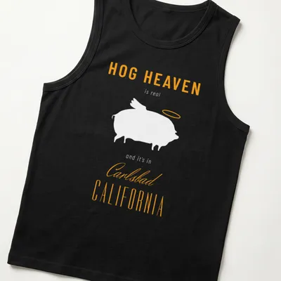 Modern typography t-shirt featuring Hog Heaven Carlsbad California text in orange and white — printed on a tank top