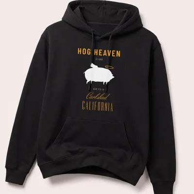 Modern typography t-shirt featuring Hog Heaven Carlsbad California text in orange and white — printed on a unisex hoodie
