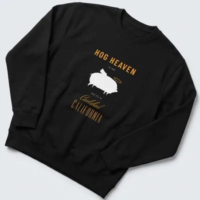 Modern typography t-shirt featuring Hog Heaven Carlsbad California text in orange and white — printed on a unisex sweatshirt