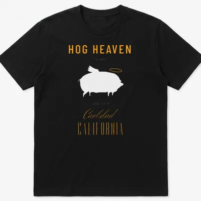 Modern typography t-shirt featuring Hog Heaven Carlsbad California text in orange and white