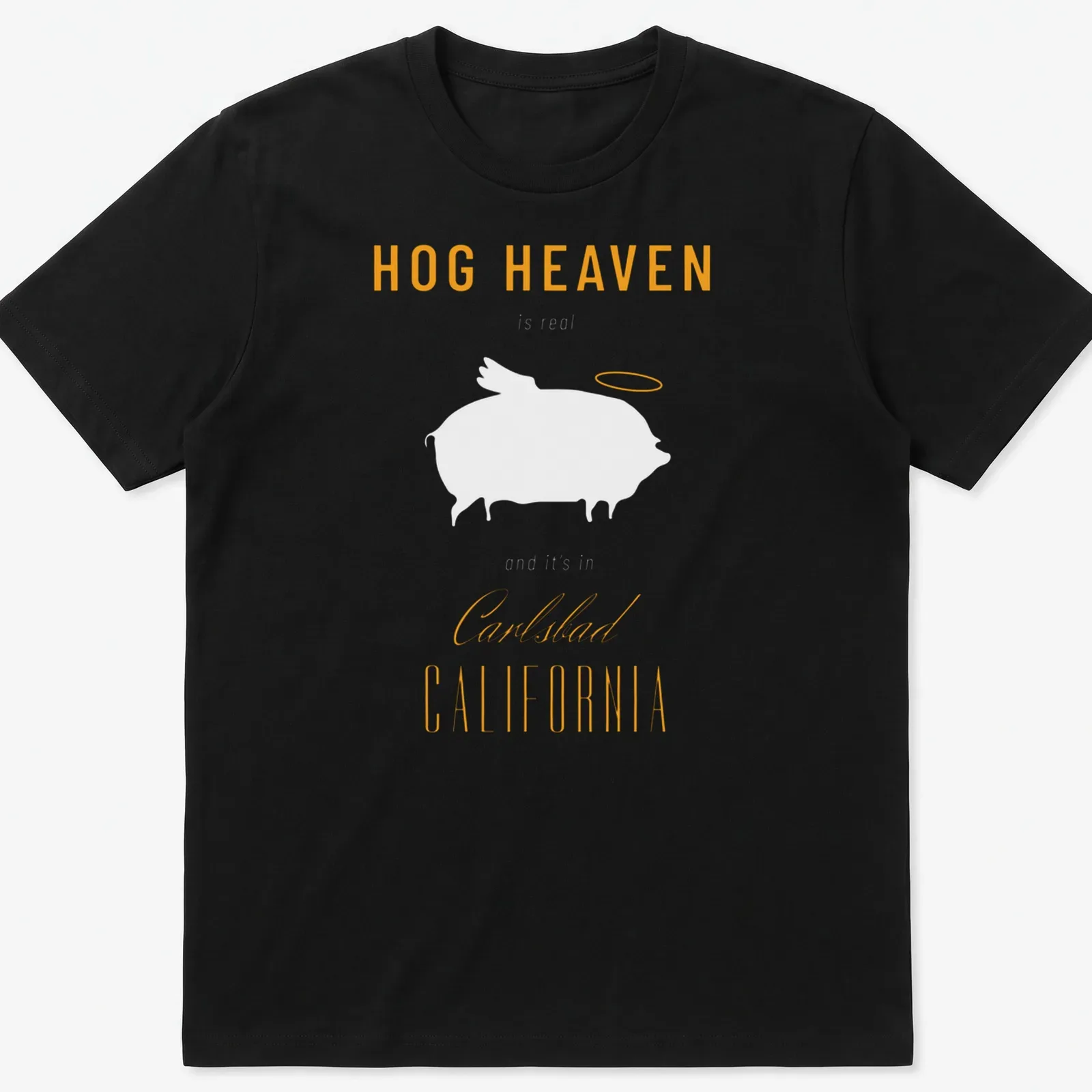 Modern typography t-shirt featuring Hog Heaven Carlsbad California text in orange and white — printed on a unisex t-shirt
