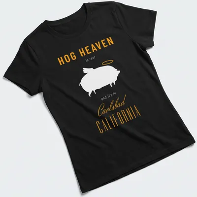 Modern typography t-shirt featuring Hog Heaven Carlsbad California text in orange and white — printed on a women's shirt