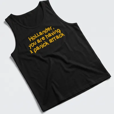 Bold typography t-shirt with humorous text about a panic attack — printed on a tank top