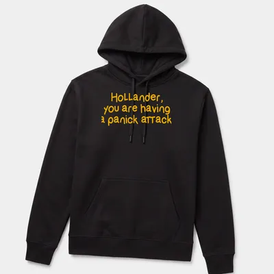 Bold typography t-shirt with humorous text about a panic attack — printed on a unisex hoodie